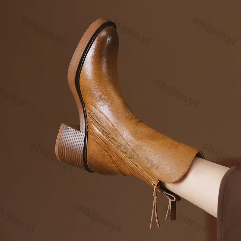 Women\'s Platform Chelsea Boots New Round Toe Chunky Heel Women Brown Ankle Boots Outdoor High Heel Leather Boots Zapatos Mujer