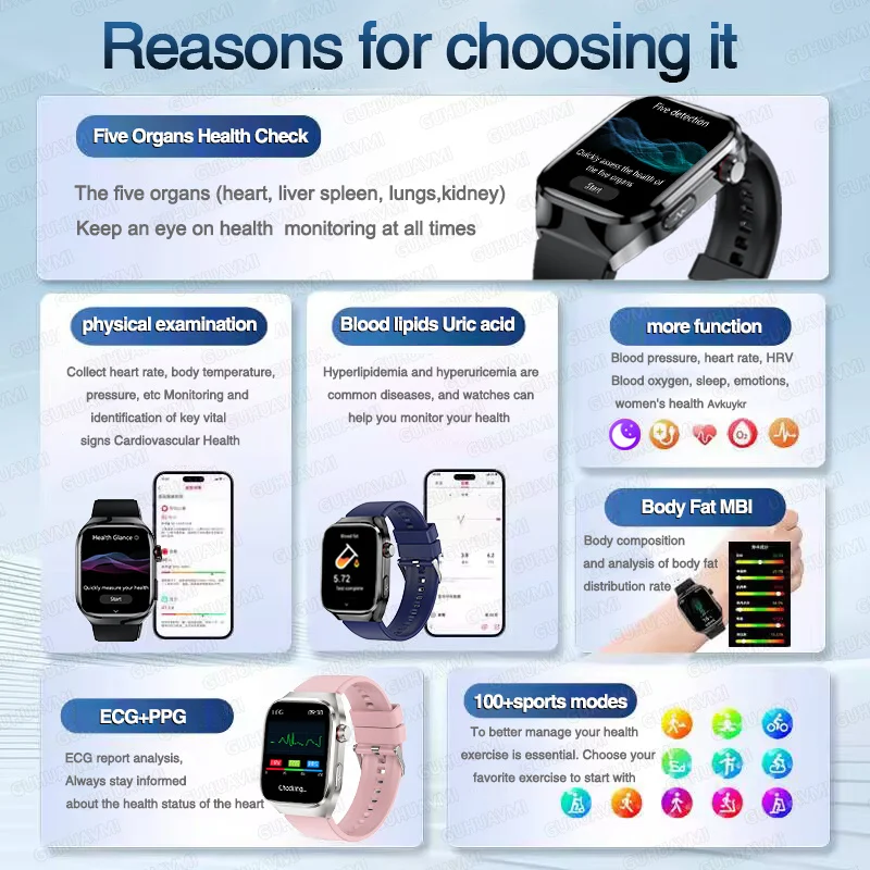 2025 ECG+PPG Organs Viscera Laser Diagnosis Smart Watch Uric Acid Body Fat Blood pressure Body analysis Call Health Men Watches