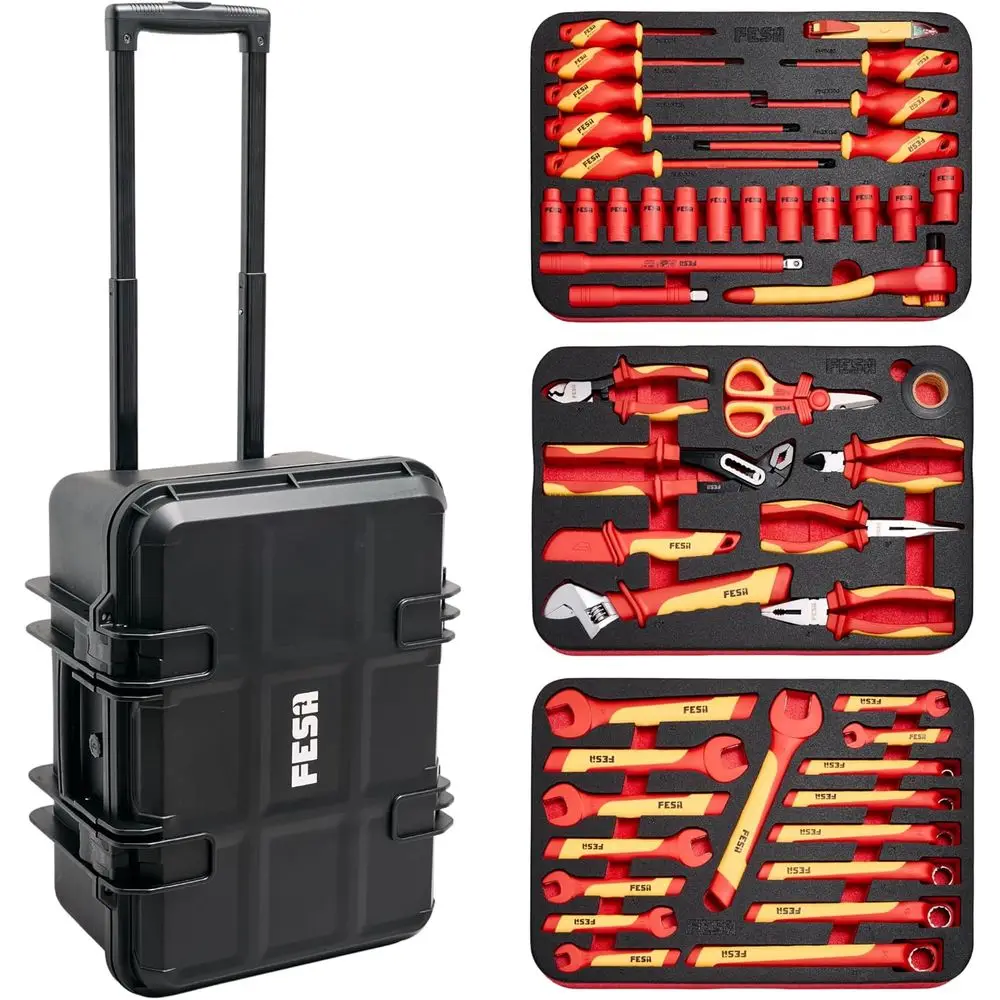 

Набор изолированных инструментов для электриков - 50 предметов, 1000В, с кейсом на колесах, отвертками, гаечными и рожковыми ключами