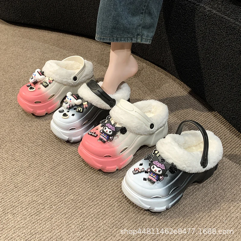 Sanrio winter Kulomi cute warm home women's shoes big-eared dog cartoon height increase removable plush hole cotton slippers