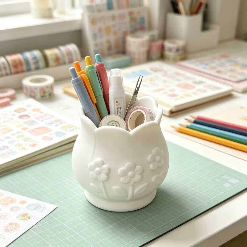 Desktop Pen Cup with Petal Scalloped Edges, Cute Floral Pattern Pen Holder, Sturdy and Durable Large-Capacity Desktop Storage Cup, Student Campus Stationery Organizer, Office Desktop Organizer, Bedroom Vanity Makeup Brush Storage Holder, Gentle and Cute Home Decor Item, Ideal Gift for Girls