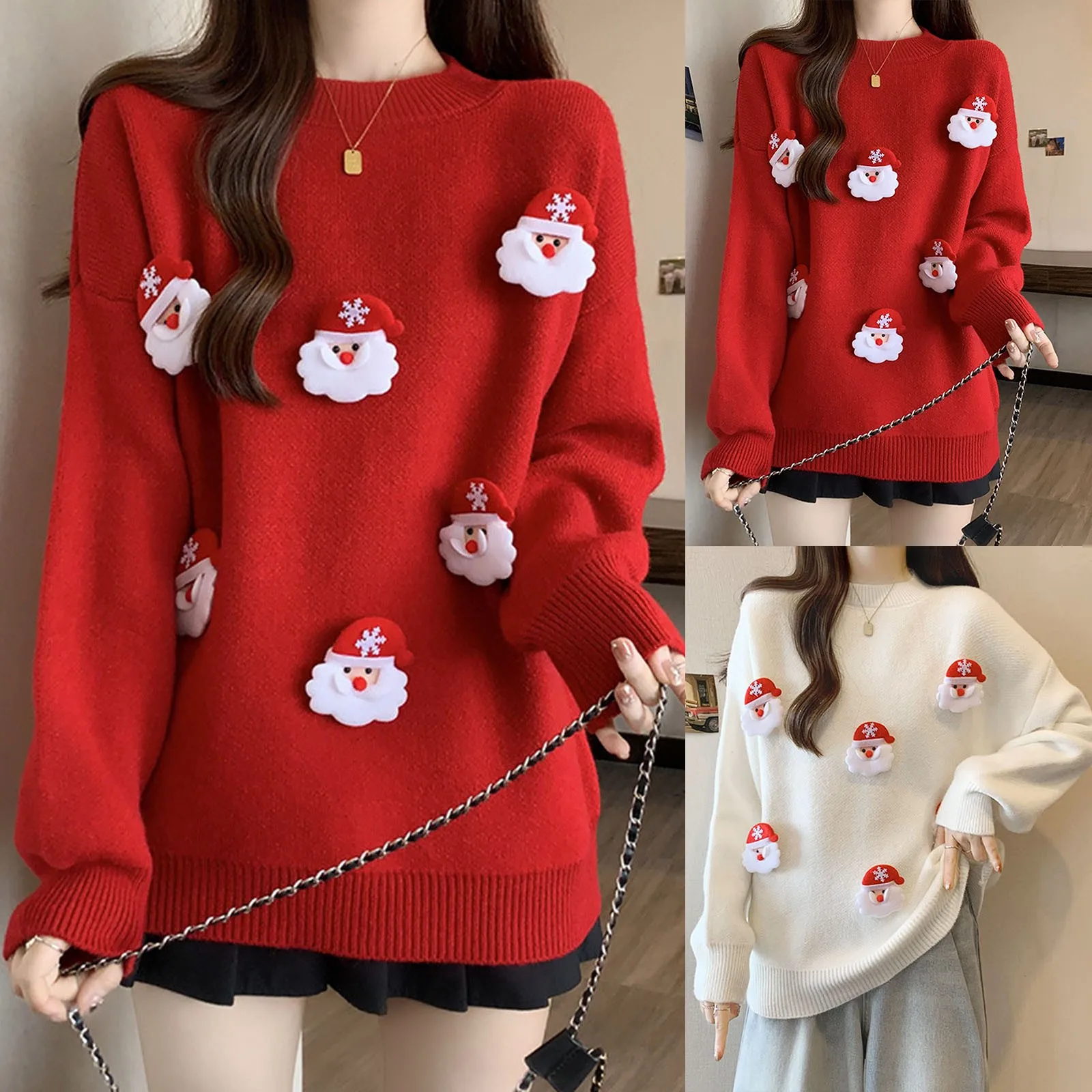 Women'S Christmas Knit Sweater Slouchy Cute Sweater Crew-Neck Long-Sleeved Slim-Fit All Match Casual Pullover Elegant Soft Top