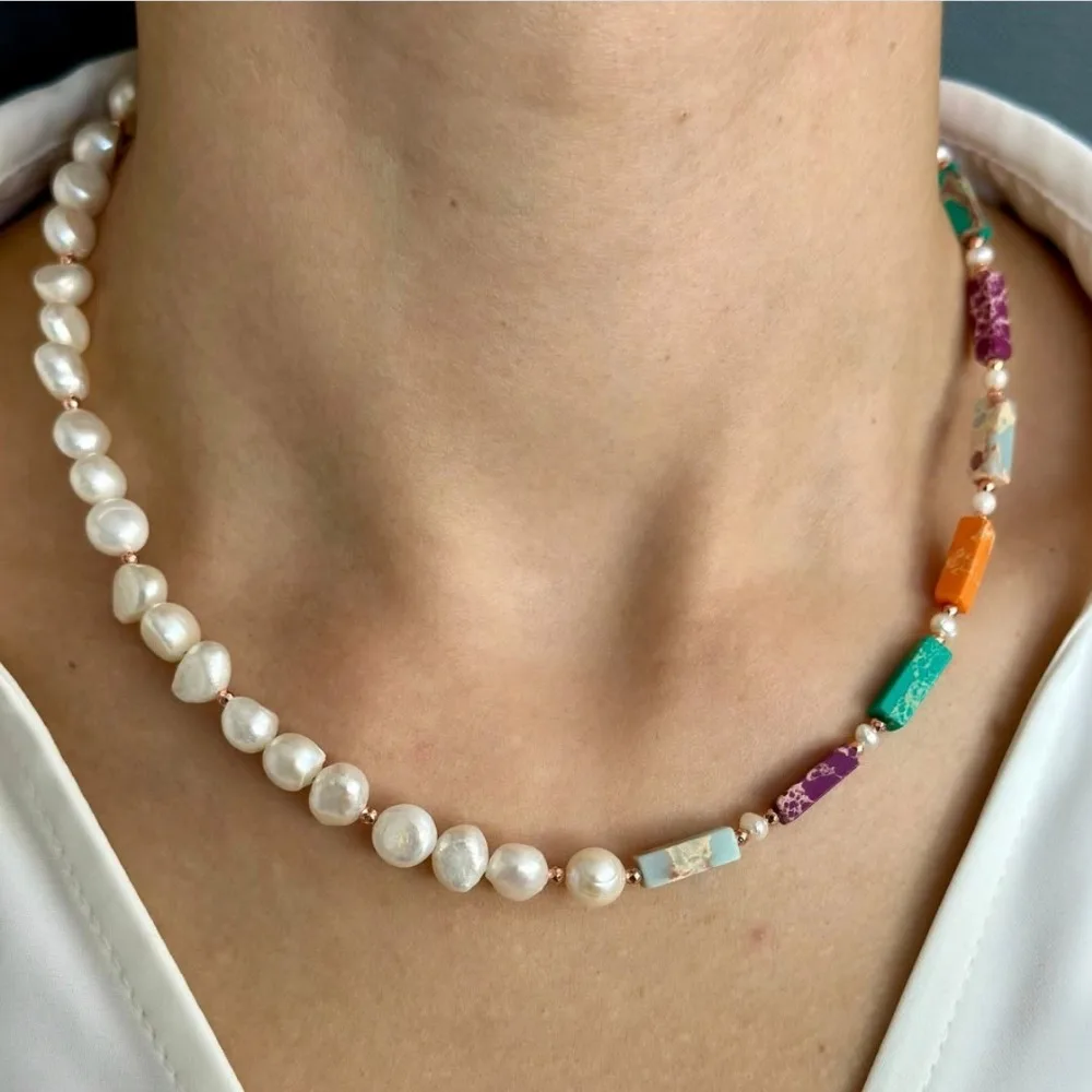 

Autumn Winter New Natural Stone Freshwater Pearl Splicing Necklace, Light Luxury Decoration Exquisite Statement Clavicle Chain