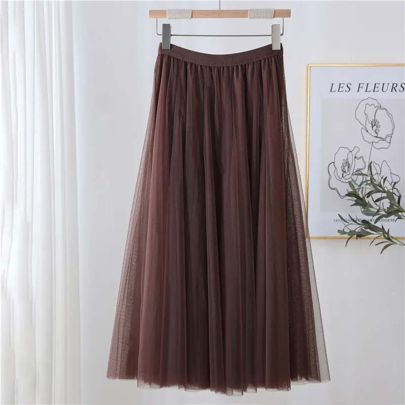 2026 New Women High Waist Mesh Tulle Midi Skirt Elastic Waist A‑Line Flowy Swing Long Skirt Elegant Ladies Daily Party Skirt
