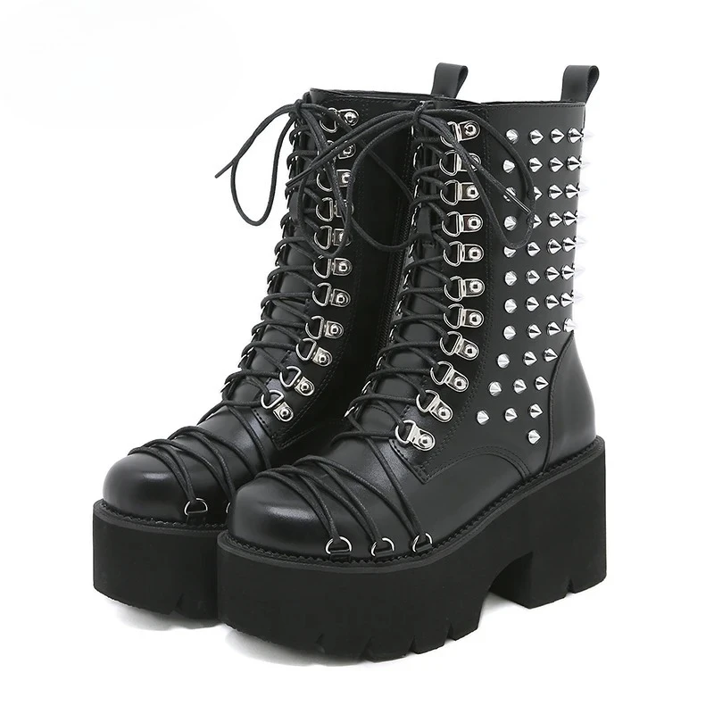 

Platform Boots for Women Handmade Goth Punk Motorcycle Boots Designer Belt Buckle Rivet Wedge Women's High Top Boots Botas Mujer