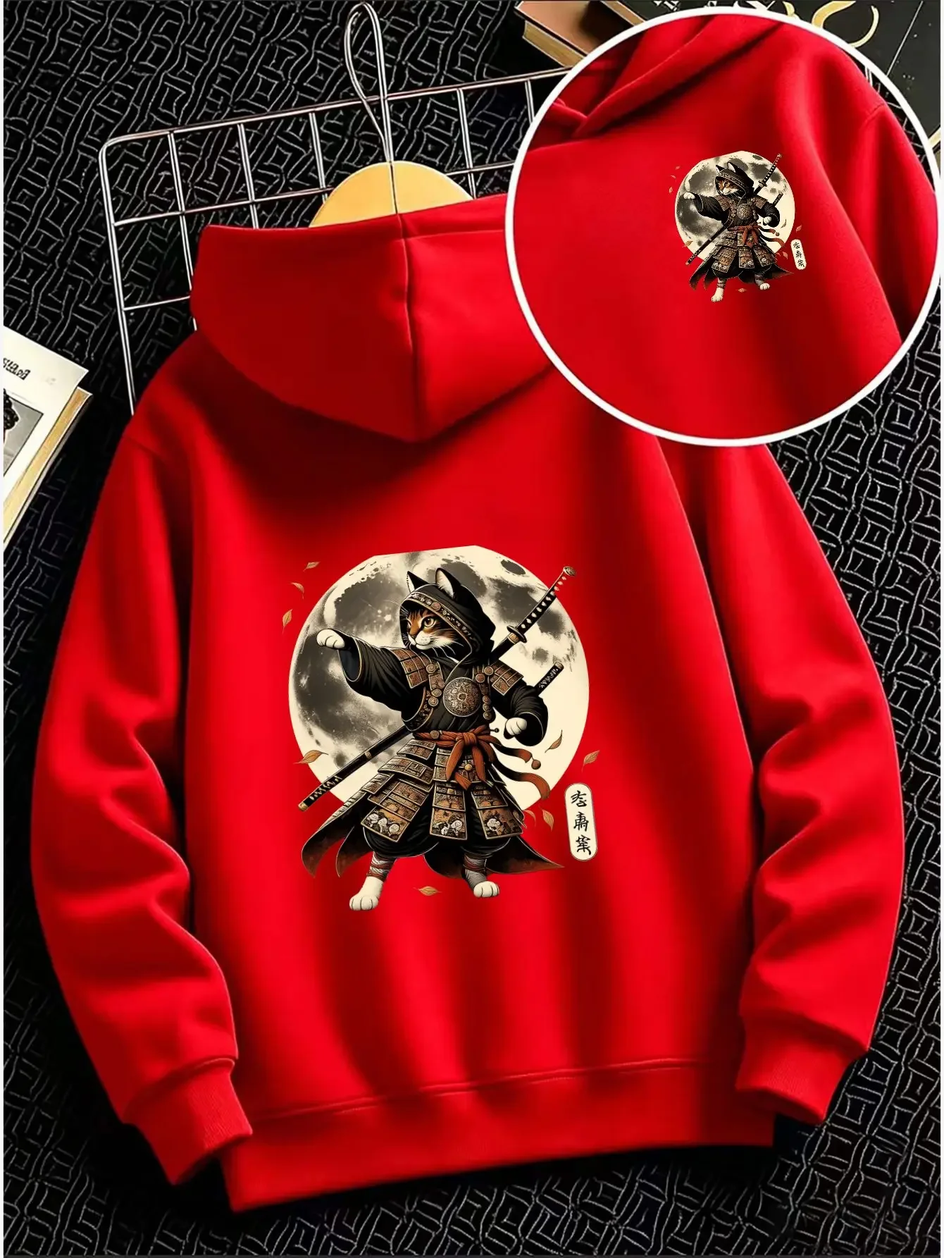 Cool Warrior Samurai Cat Graphic Hoodie For Kids Front And Back Same Print Boys Sweatshirt