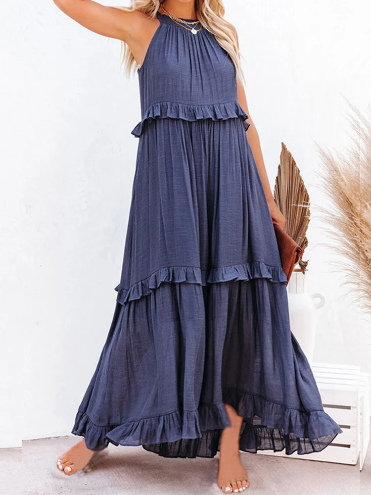 Oversized Solid Long Dress Women Summer Sleeveless Ruffles Hollow Tie-Up Dresses Ladies Elegant Casual Party Beach Maxi Dresses