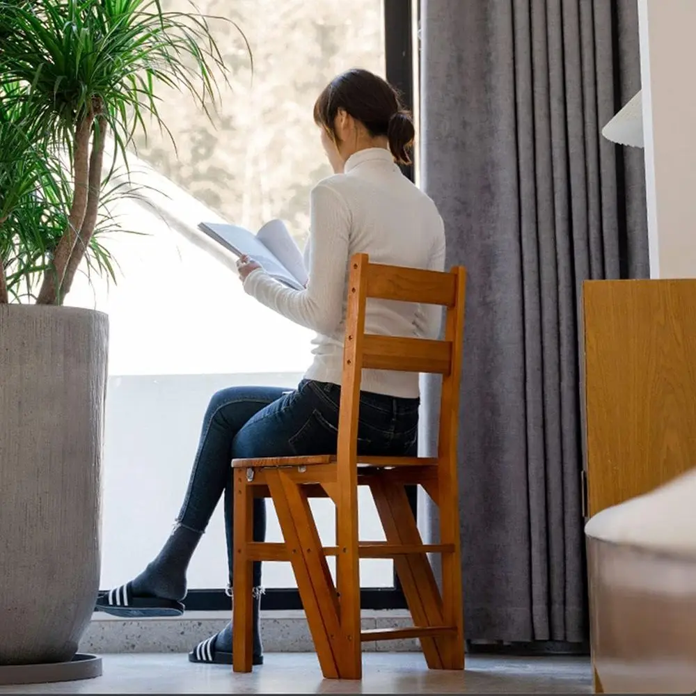 Oliding Step Ladder, Wooden 3-in-1 Ladder Chair, Portable Multi-function Step Stool, 198 lbs Capacity Indoor/Outdoor Display Rac