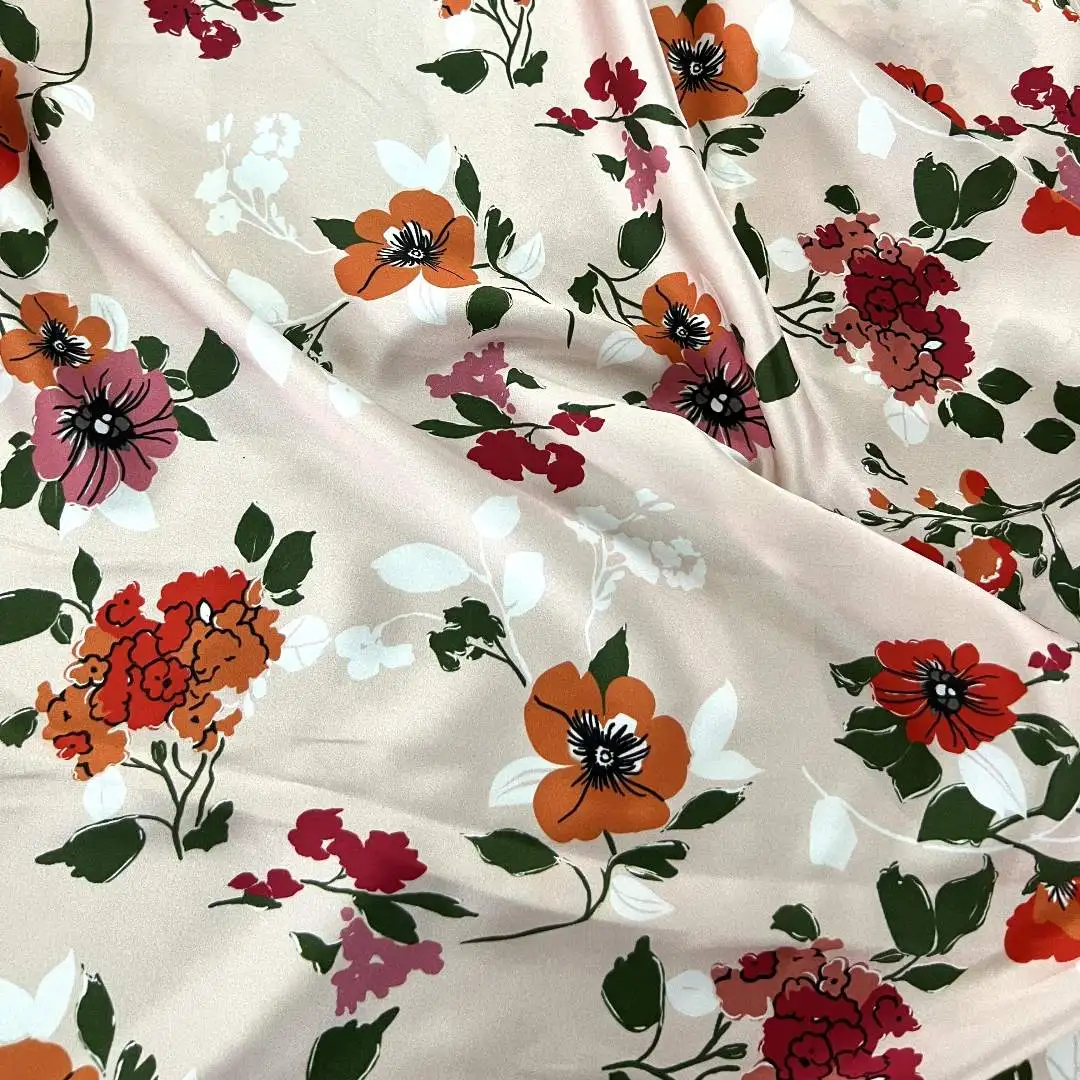 

1 meter 100% Mulberry Silk 20 momme Charmeuse Silk Fabric Light Orange Pink Floral Printed 140cm 55" wide by the yard XX345