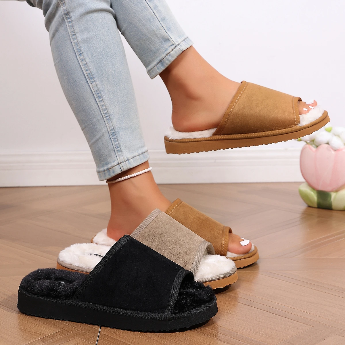 Women'S Shoes Everyday - 女性用オープントゥワンストラップファジースライドスリッパ、プラッシュ裏地、柔らかく滑り止めソール、暖かい冬用室内・屋外カジュアルホームシューズ