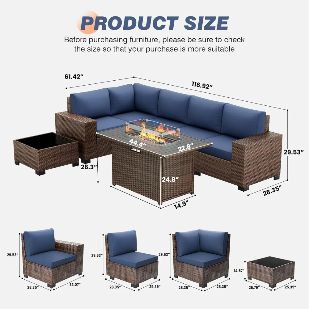Sofá modular externo com mesa de lareira, conjunto de móveis de pátio com apoio de braço de 8 polegadas com capa à prova d'água
