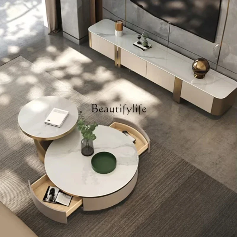 

Italian light luxury high-end rock slab coffee table TV cabinet combination size round living room