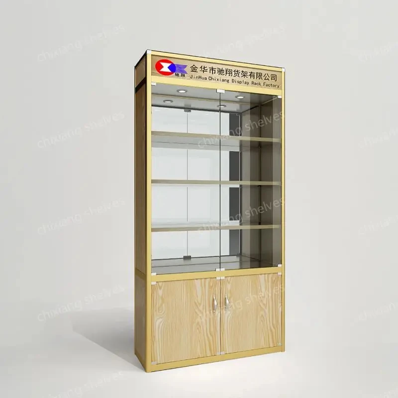 custom.Sliding Door Design Glass Display with Aluminum Back Panel and Mirror LED Spotlight Retail Display Stan
