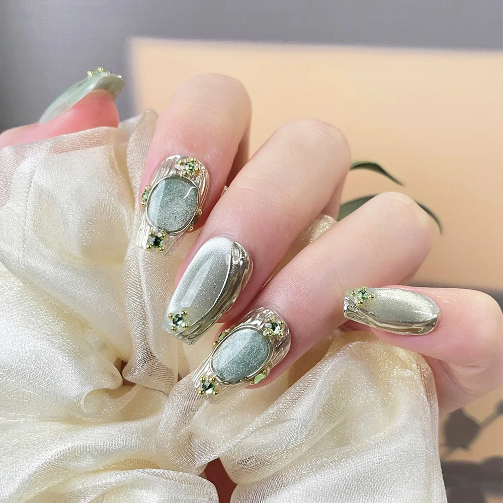 10pcs Short Trapezoid Handmade Press On Nails Kit, Cyan Fake Nails, Noble Elegant Wearable Nail Art, Shining Dots