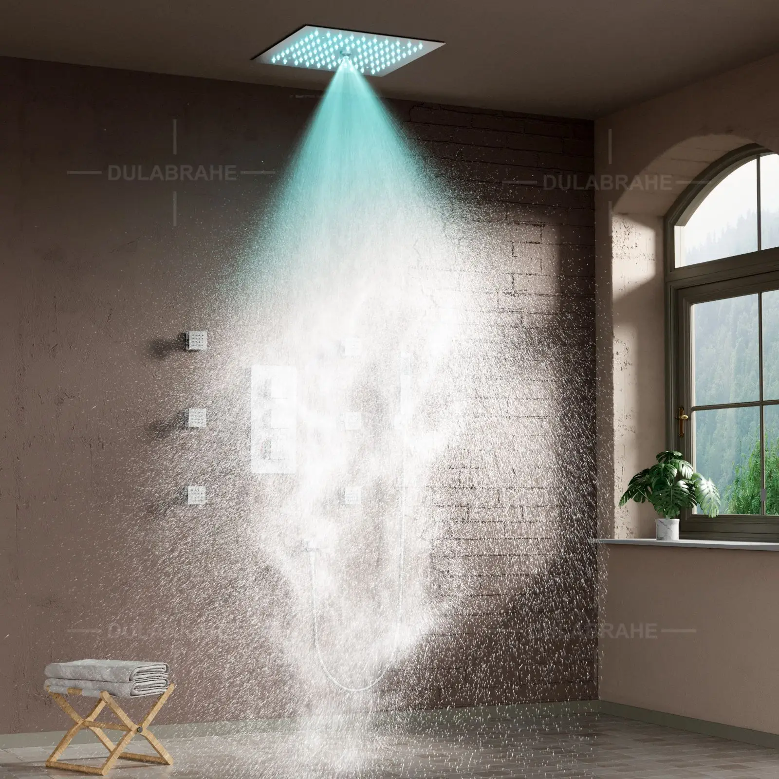 Ceiling embedded LED concealed showerhead, canopy style concealed atmosphere light showerhead set