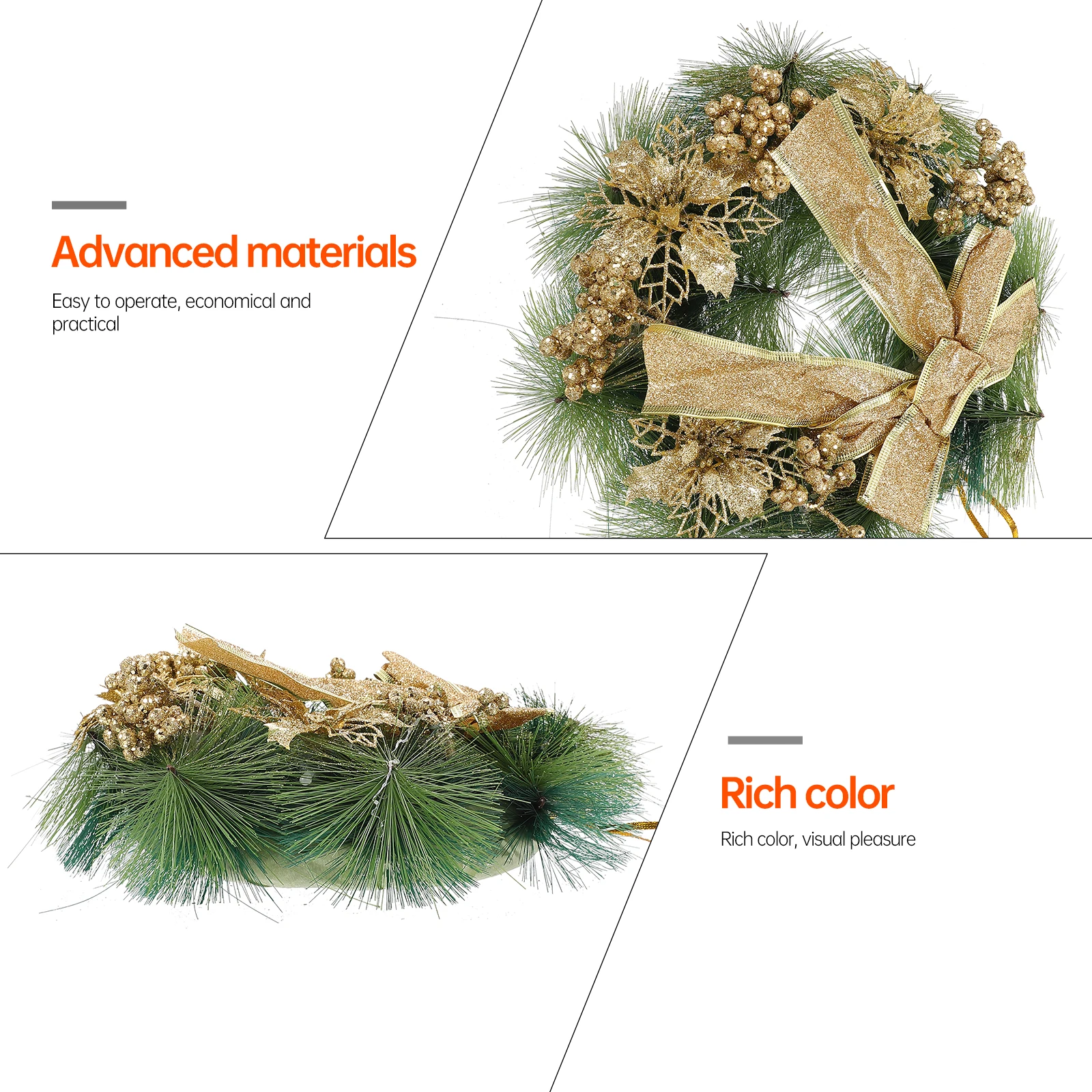 

1pc Golden Christmas Wreath Hanging Pendant Door Wall Decoration Xmas Decor Wreath Party Pine Needle Ornament Home Decorative
