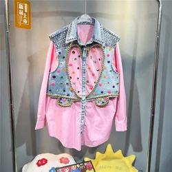 Fashion Rivet Diamond Fake Two-piece Denim Patchwork Shirt Jacket Spring Pink White Black Casual Lapel Long Sleeve Female Coat