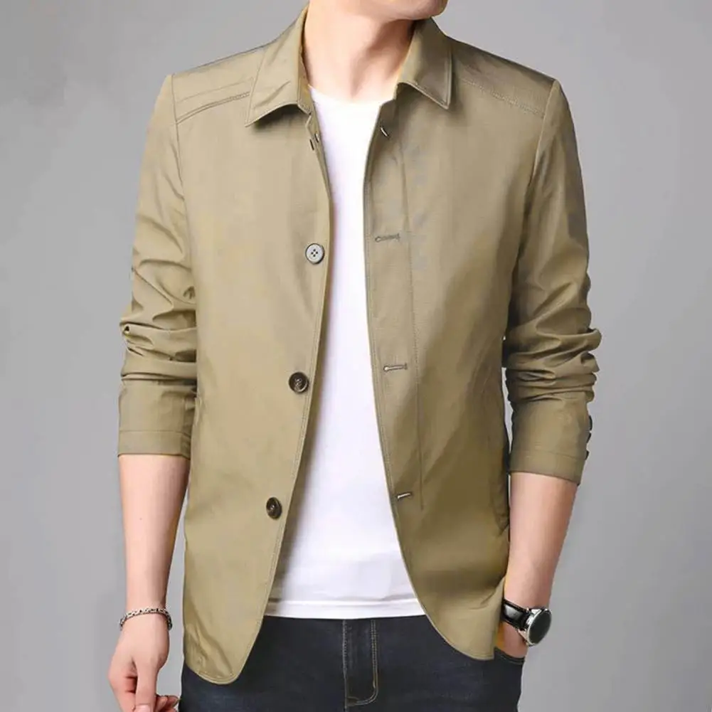 

Fall Spring Men Coat Solid Color Turn-down Collar Men Outerwear Business Style Single-breasted Formal Mid Length Jacket