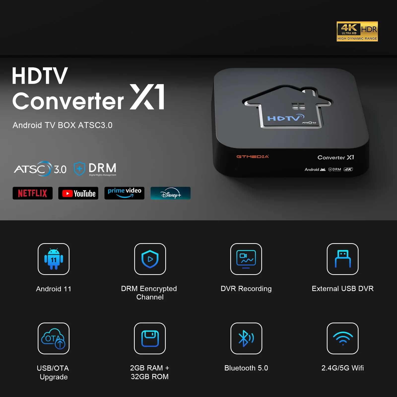 Конвертер Gtmedia HDTV X1 Android 11 4K, HD, 2+32 ГБ, поддержка atsc3.0/atsc1.0, цифровой наземный сигнал, atsc3.0, канал DRM