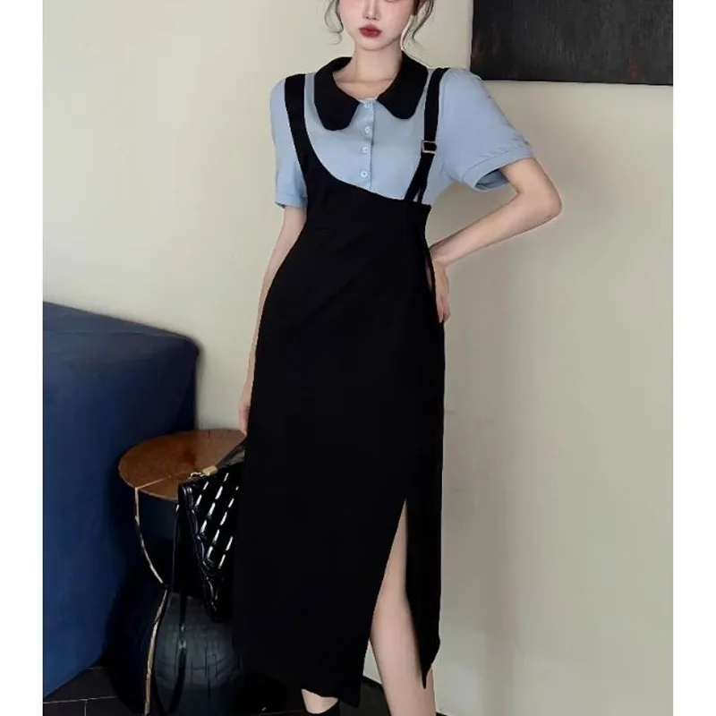 

Summer Fake Two Pieces Patchwork Contrasting Colors Doll Collar Women 2024 Short Sleeve Forking Comfortable Office Lady Dress