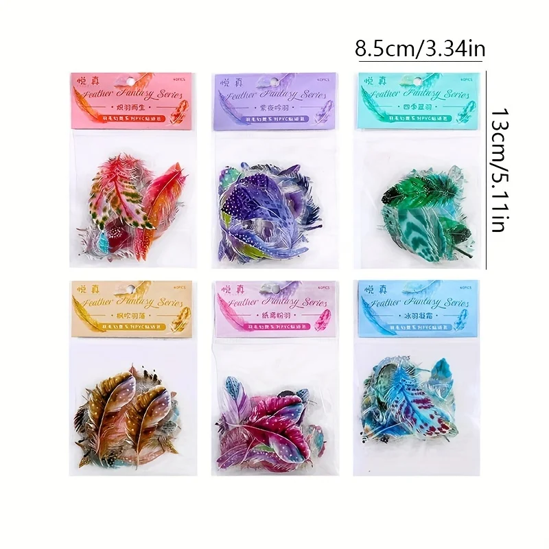 40pcs Waterproof PVC Feather Decorative Stickers for Collage Material Scrapbooking DIY Journaling