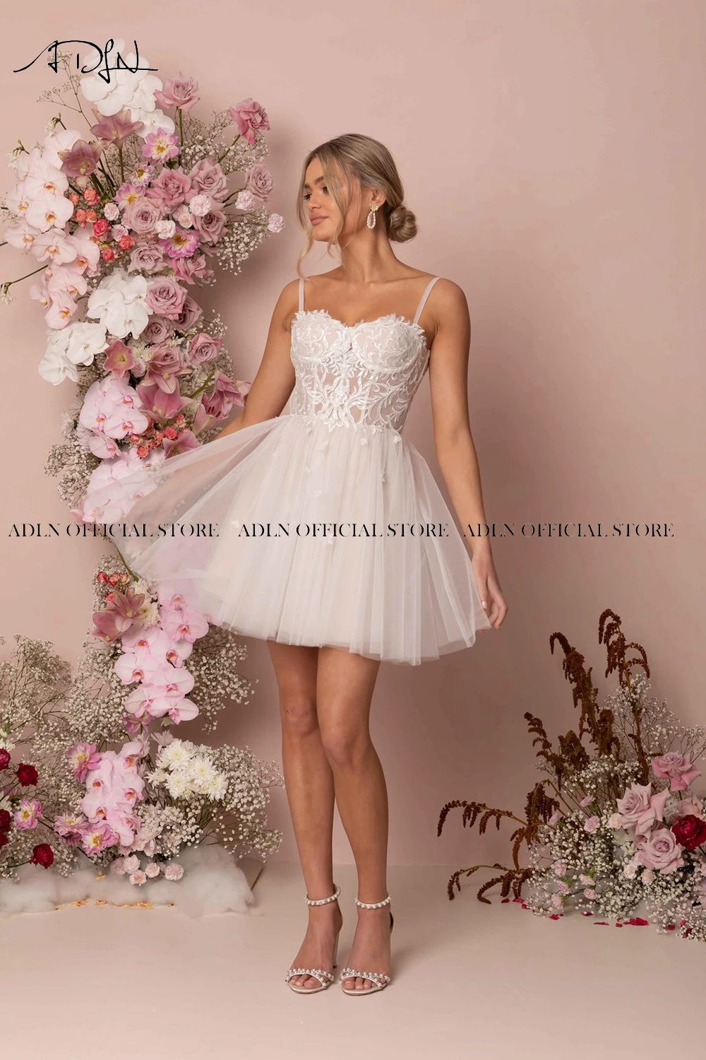 Abito da sposa corto staccabile ADLN Mini abito da sposa fata in Tulle a-line Robe De Mariee abito da ricevimento in pizzo senza schienale su misura