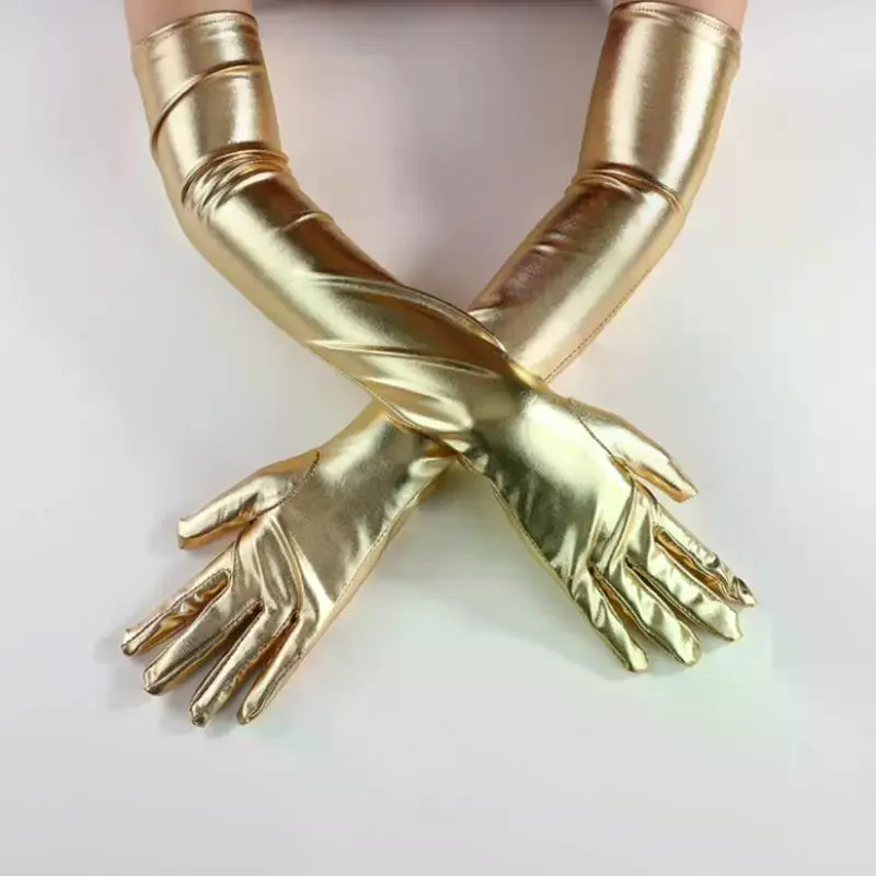 Punk Rock HipHop Jazz Disco Dance Glove Silver Sexy Stretch PU Leather Skinny Long Glove Shiny Metallic Mitten Cosplay Accessory