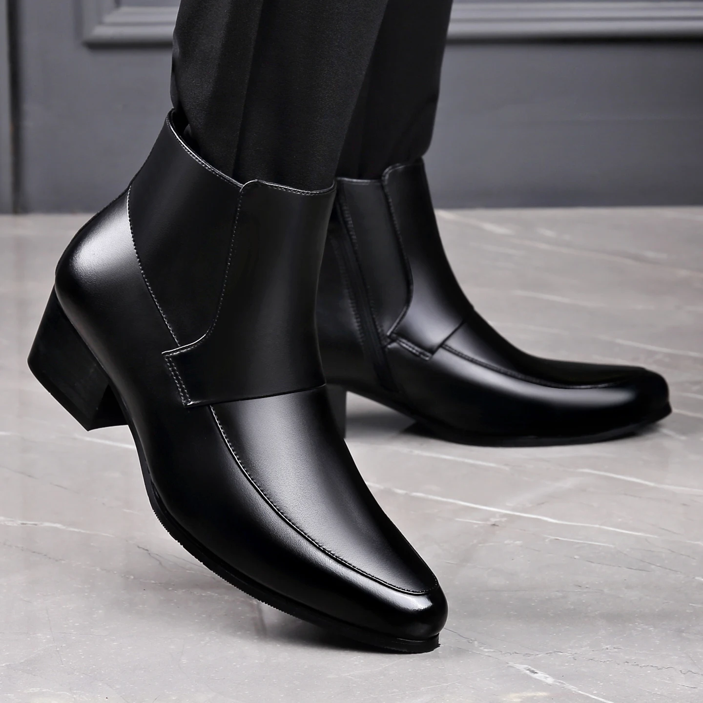 أحذية تشيلسي المدببة للرجال من الصوف الدافئ بسحاب جانبي لزيادة ارتفاع الأعمال من الجلد للرجال دراجة نارية قصيرة باللون الأسود الفاخر #2