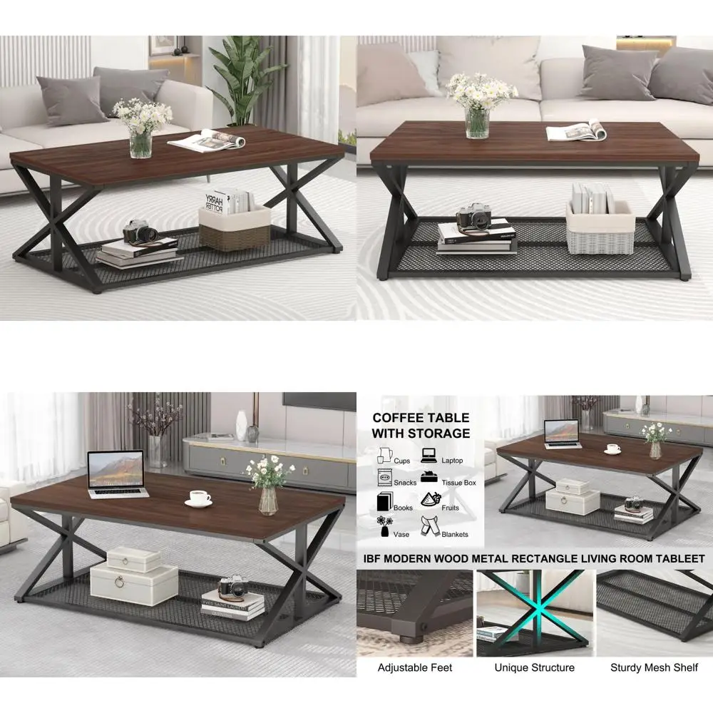 Industrial Style Rectangular Coffee Table with Storage, Vintage Two-Tier Living Room Furniture