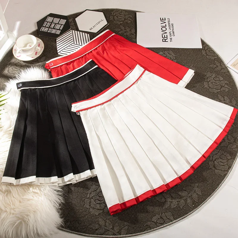 Women\'s Pleated Skirt Skater School Uniform Mini Skirts Hit Color High-waisted Red Short Sports Casual Korean Style Kawaii