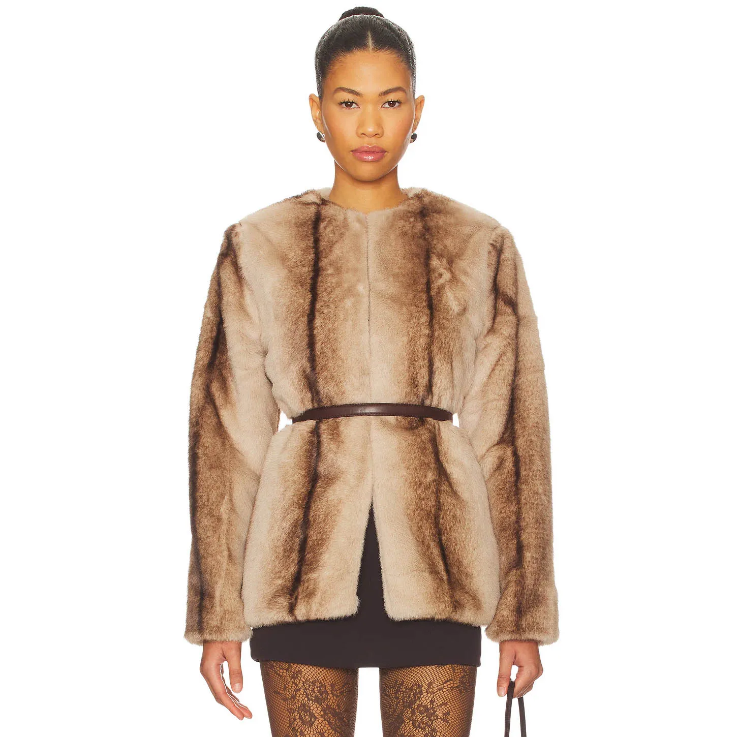 RU Women Round Collar Faux Fur Coat Slim Fuzzy Jacket Luxury Outerwear Suitable For Autumn Winter Party Commute Outfits