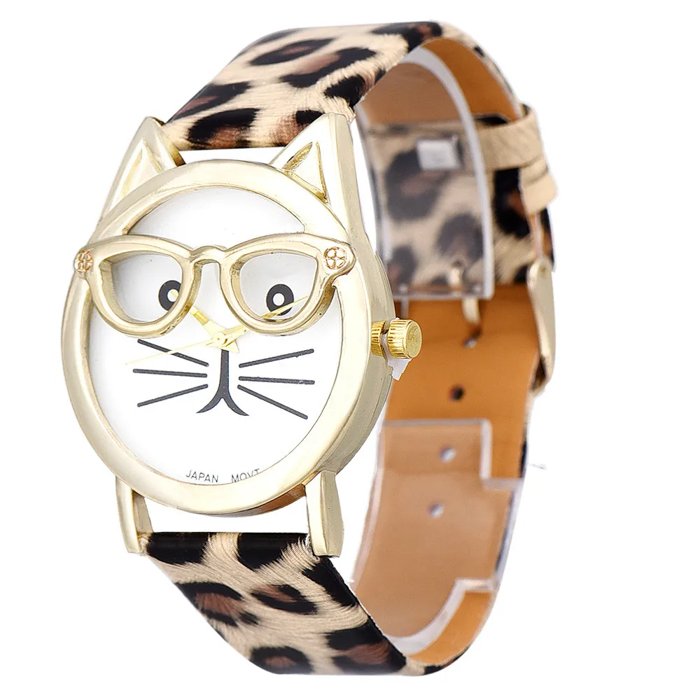 Relojes de cuarzo con correa de cuero para Mujer y niña, relojes de pulsera informales con diseño de gato y gafas bonitas, a la moda