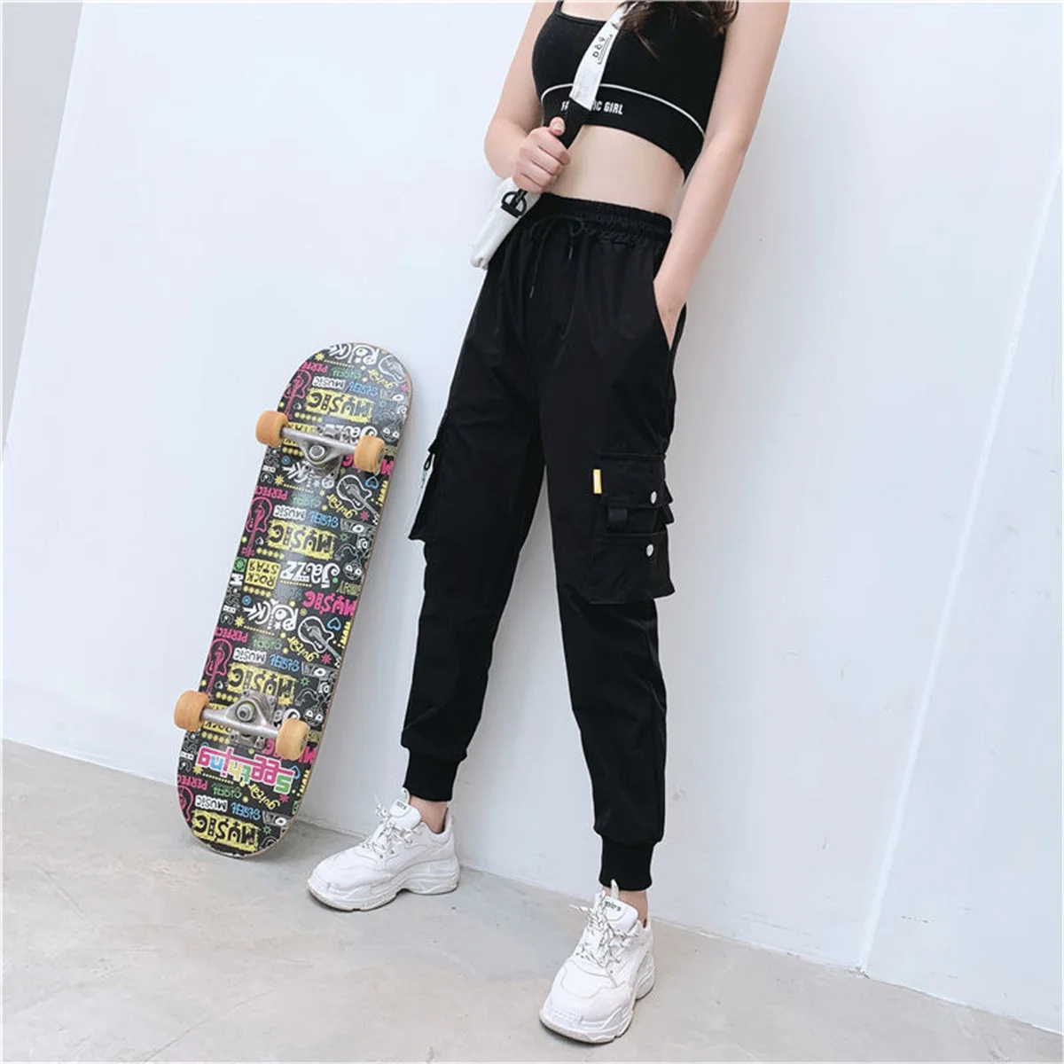 Celana kargo wanita, celana kargo hitam, celana joging pinggang tinggi longgar, celana Hip Hop Korea, celana Punk lucu