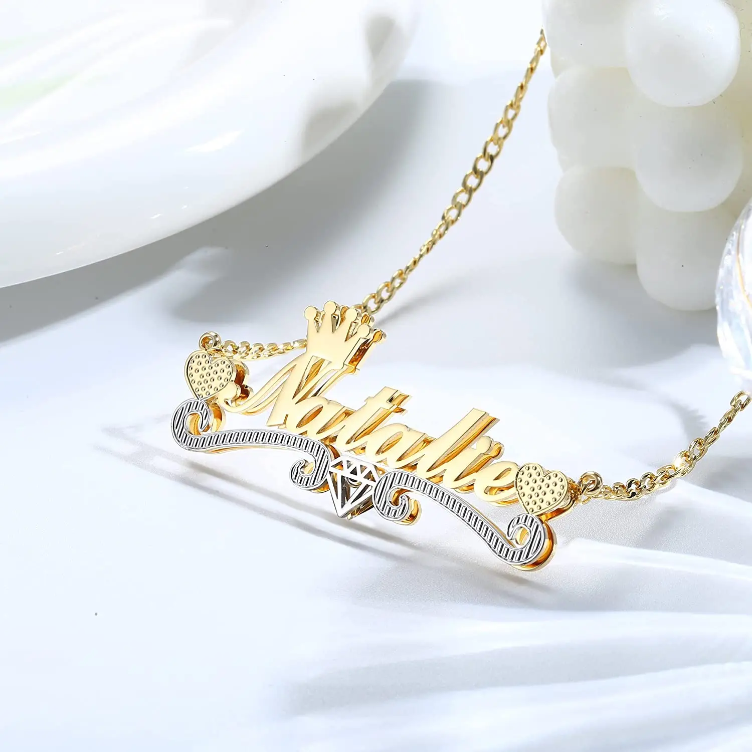 

Two Tone Nameplate Necklace Custom Name Necklace Double Plated Name Necklace Stainless Steel Personalized Crown Pendant