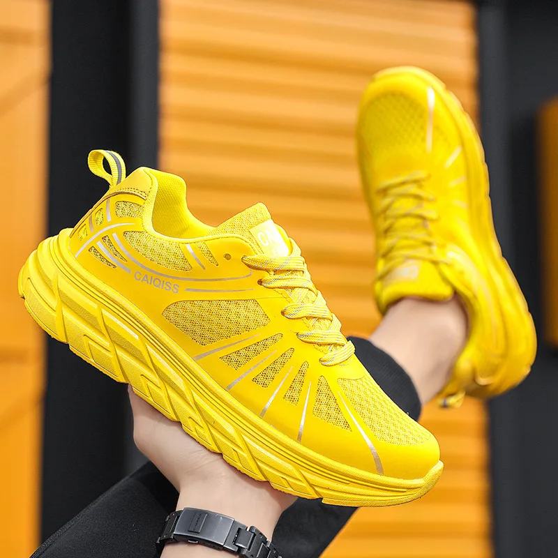 Hot Summer Mesh Breathable Couples Running Shoes Fashion Yellow Men\'s Athletic Sneakers Anti-shock Non-slip Women\'s Sports Shoes