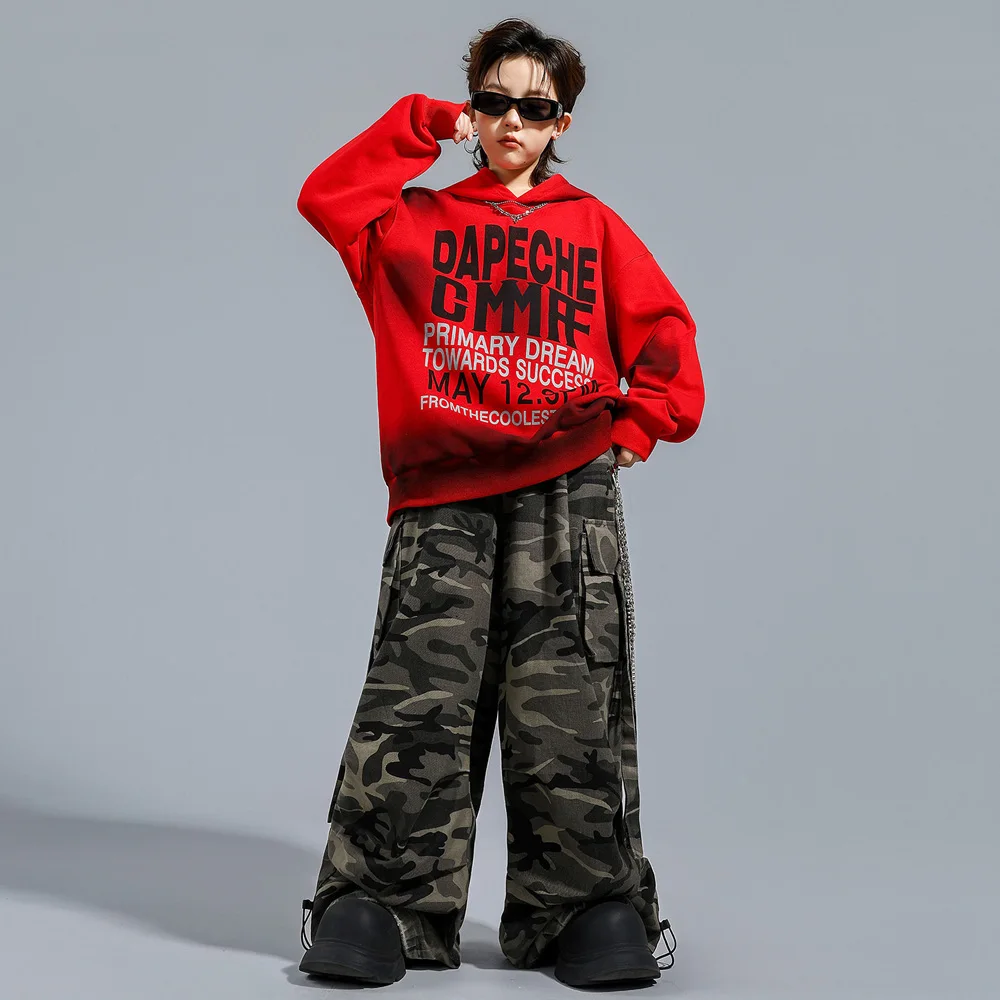 Hip Hop Streetwear Boys Contrast Red Tops Cargo Pants Girls Group Street Dance Clothes Children Jazz Dance Costume