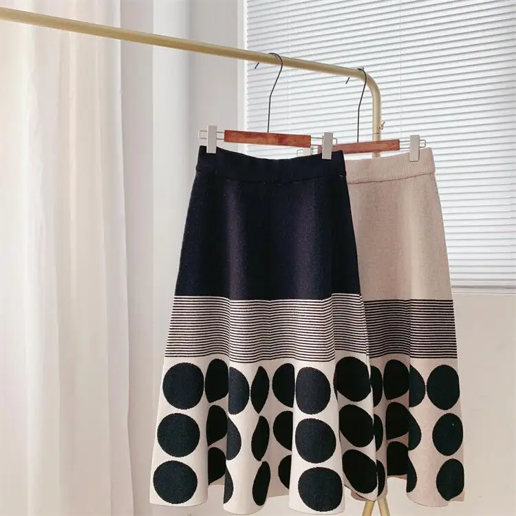

Women Knitted Skirt Dot Spliced Skirts Casual Pleated A Line Elastic Waist Mid Calf Lenth Loose Elegant Office Lady 2025 Autumn