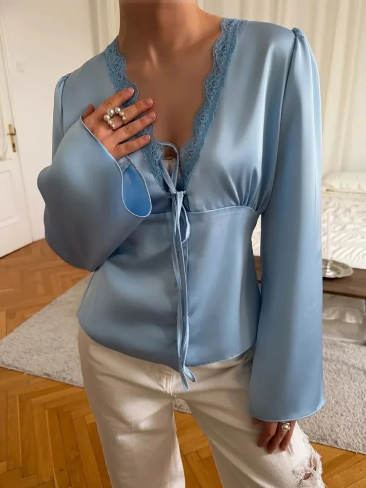 

Tossy Lace Satin Lace-Up Vest Top Women Patchwork Fashion Long Sleeve Commute Loose Summer Tank Top Female Bandage V-Neck Top
