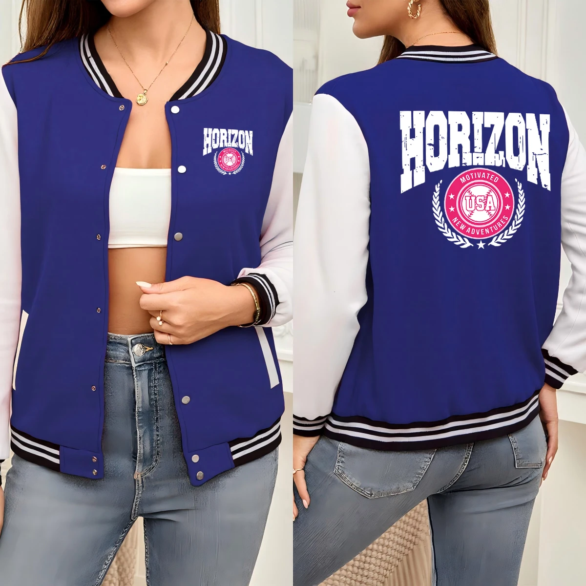 

Horizon New Adventures Usa Print Sportswear Women'S Hip Hop Loose Jacket Warm Sport Baseball Jersey Trendy Comfortable Jackets