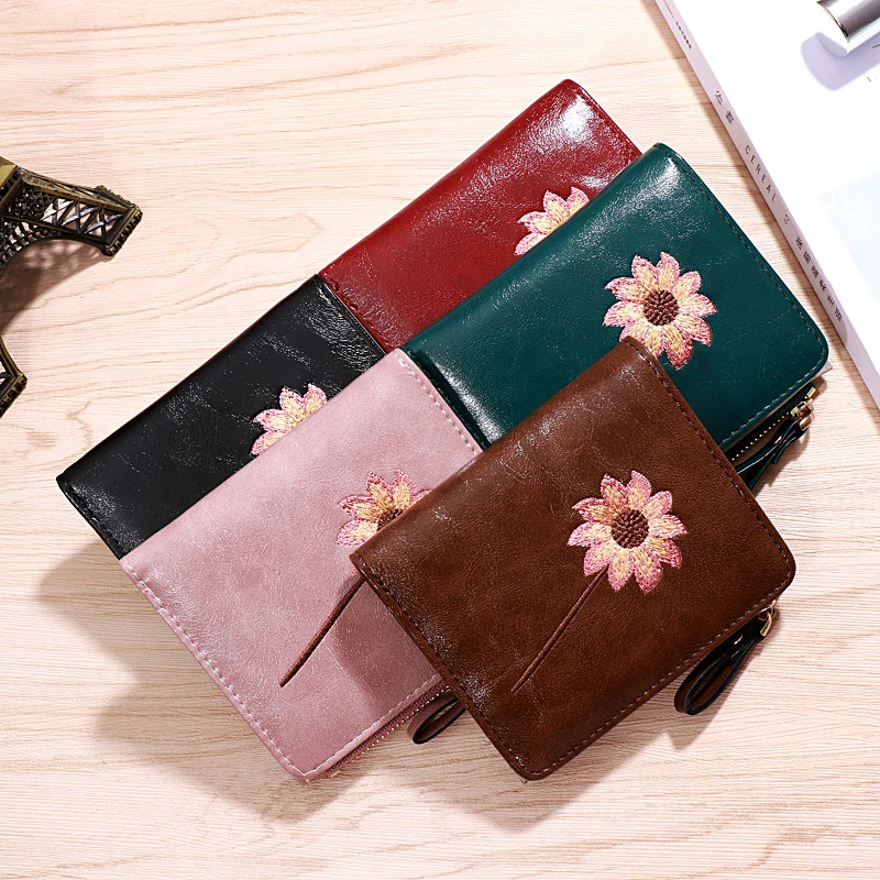 Neue Damen-Geldbörse mit Reißverschluss in Grün, Rot, Schwarz, Retro-Blumenmuster Kurze Brieftasche aus PU-Leder, Kartenhalter mit Schnalle, Münzbörse