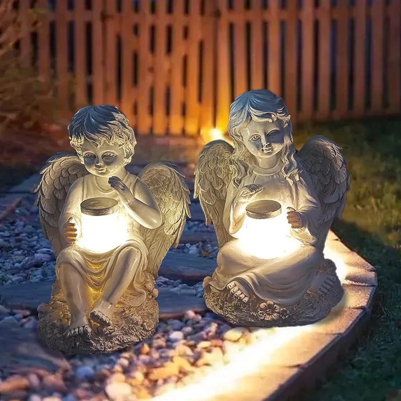 

Solar Light Garden Angel Boy/Girl with Bottle Resin Craft Waterproof Outdoor Statue with LED Lights Art Figurine Courtyard Decor