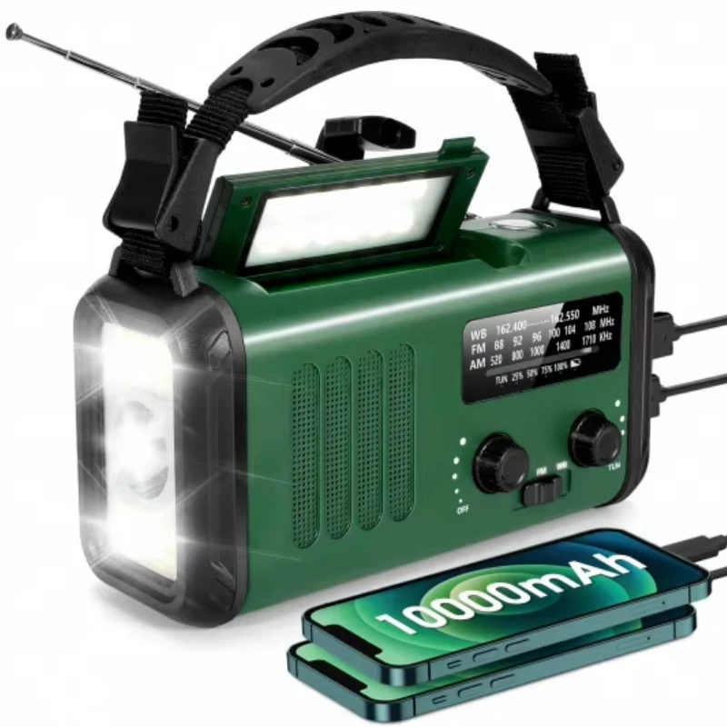 Solar-powered hand-cranked emergency radio with flashlight and power bank