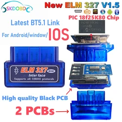 Mini ELM327 V1.5 pour IOS Android Bluetooth 5.1, EAU automatique OBD2 noir 2PCB voiture ELM 327 testeur outil de diagnostic, dernière version