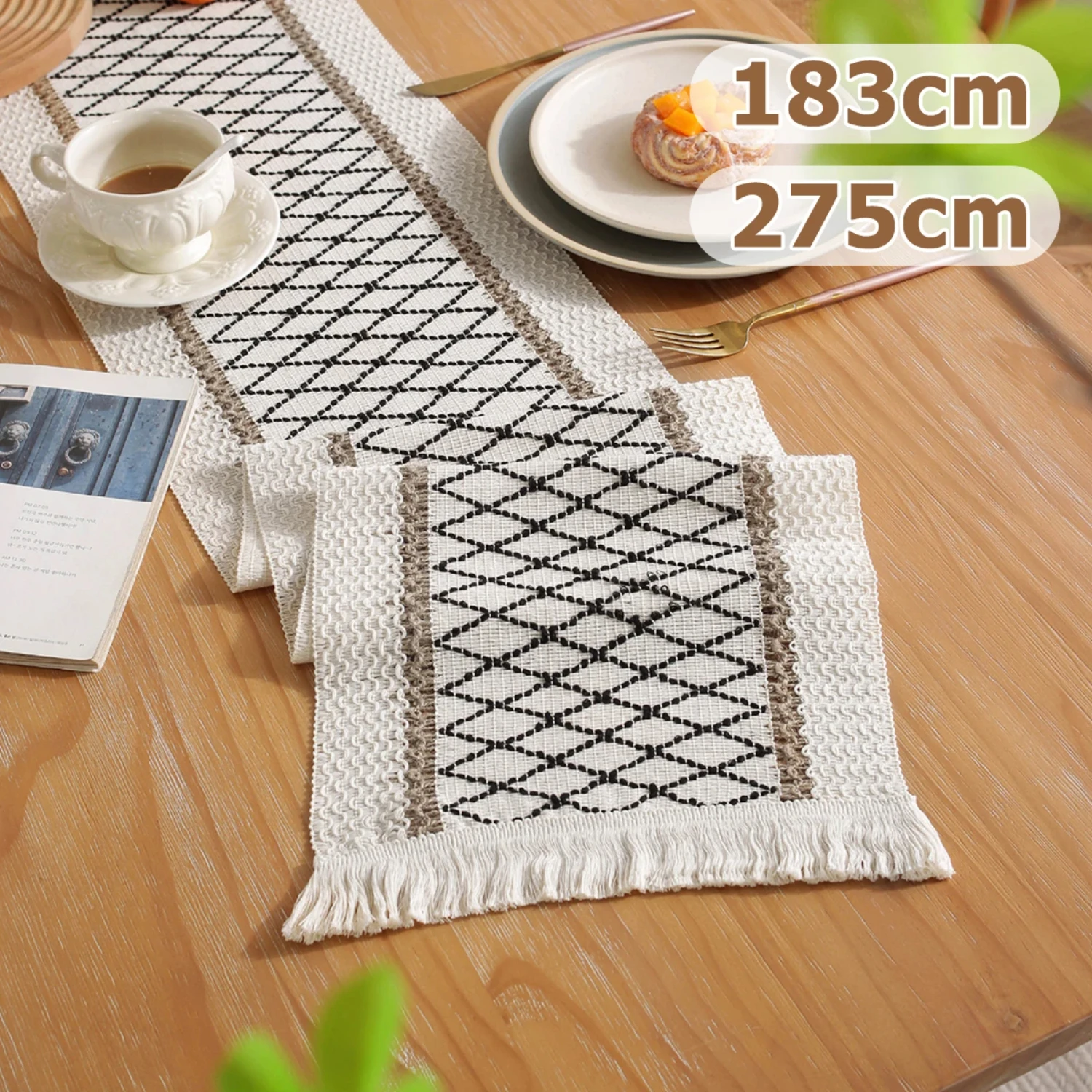 Bohemian Rustic 72/108 Inch Washable Cotton Burlap Macrame Table Runner with Tassel - Decorative Table Linen for Party Banquet