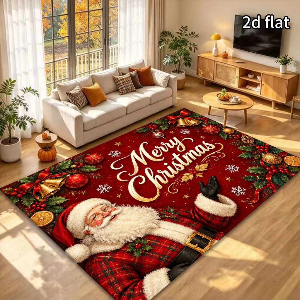 2D Flat Merry Christmas Santa Area Rug, Red Background Bell Holly Berry Orange Slice Snowflake Print, Floor Decor for Bedroom
