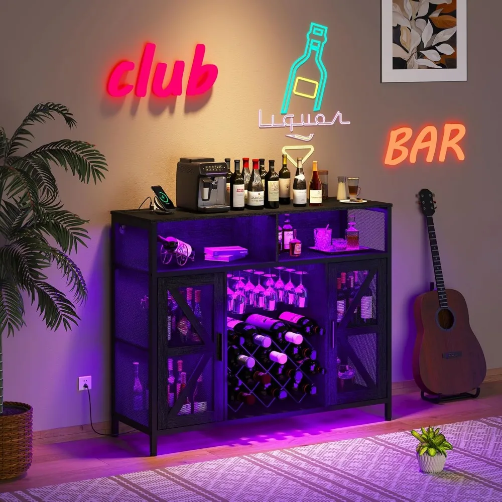 LED Wine Cabinet com Power Outlets, Home Bar Cabinet, Liquor Cabinet para Óculos, Coffee Bar, XXL