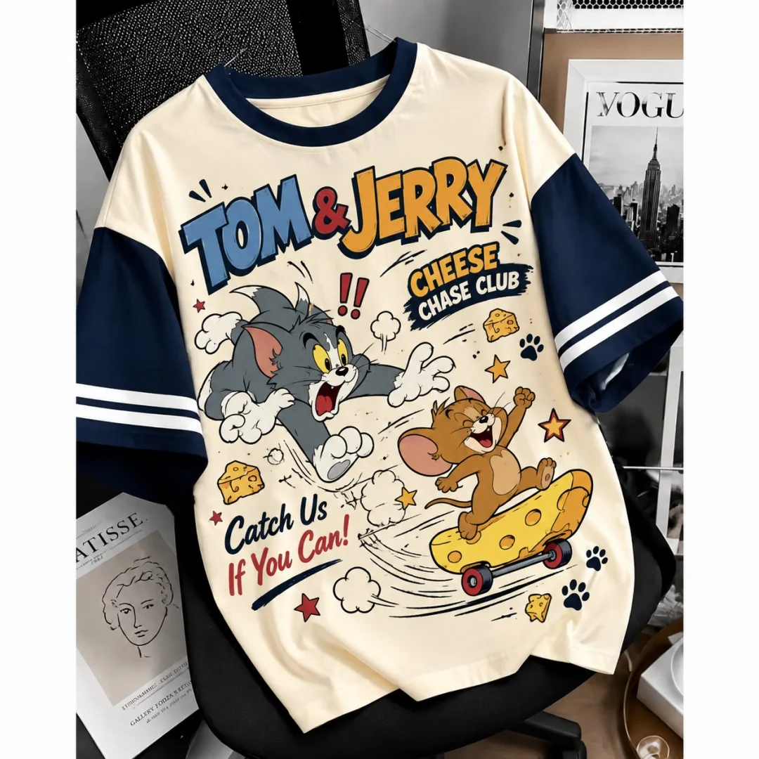 Tom & Jerry Cheese Chase Comic Grafik T-Shirt Cartoon Katze Maus Raglan gestreiftes Kurzarm-Kinder-T-Shirt Unisex Sommer Freizeitoberteil – Detail 2