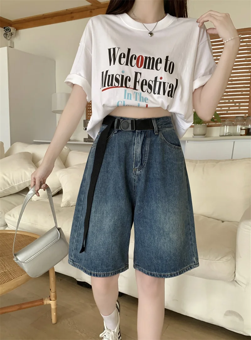 

Retro American High Waist Slimming 5/4 Shorts Casual Versatile Denim Wide Leg Pants for Women 2024 new summer