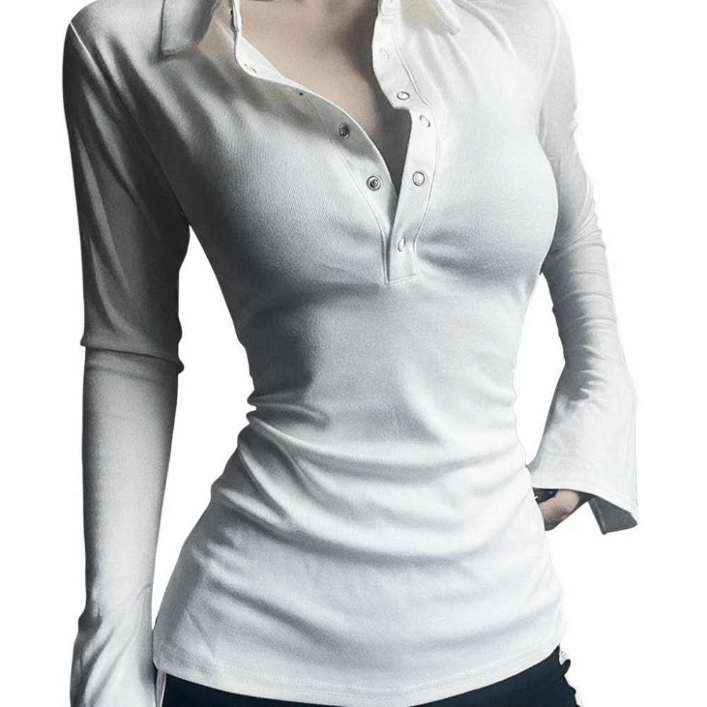 

Solid Color Bodycon T-shirts Minimalist Design Relaxed Fit Long Sleeve T-shirts Turn Down Collar Stylish Cut Women T-shirts