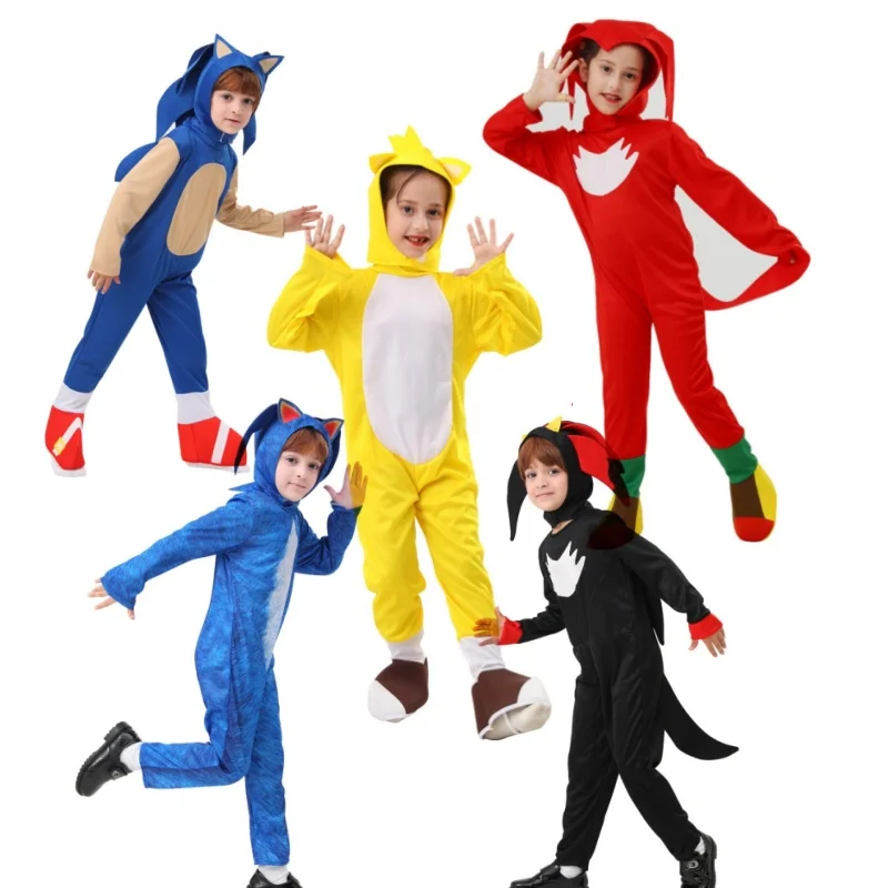 5 Colors Halloween Boys Girls Bodysuit Kids Cosplay Disguise Costume Sonics Anime Cartoon Jumpsuit with White Gloves Giftts